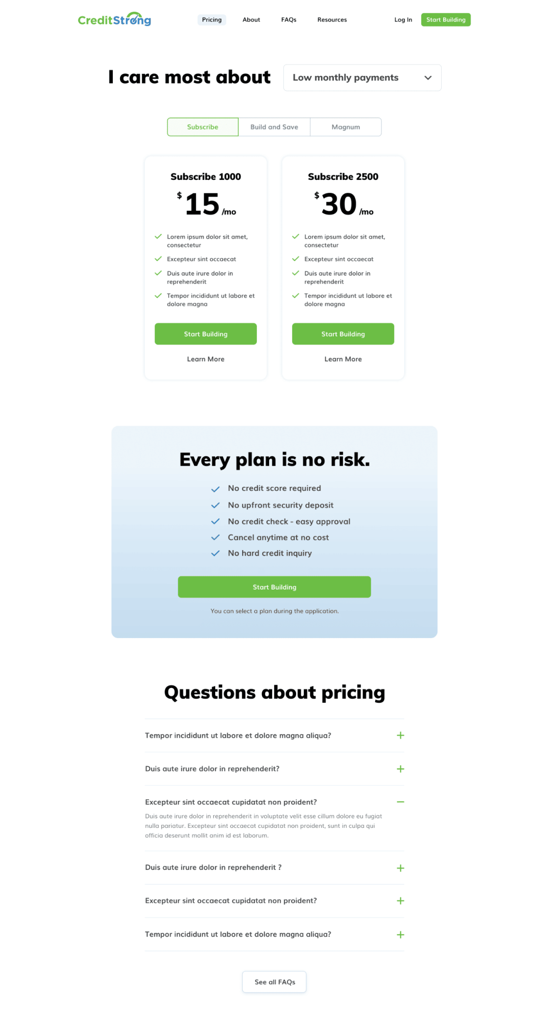 Credit Strong View Of The Pricing Landing Page